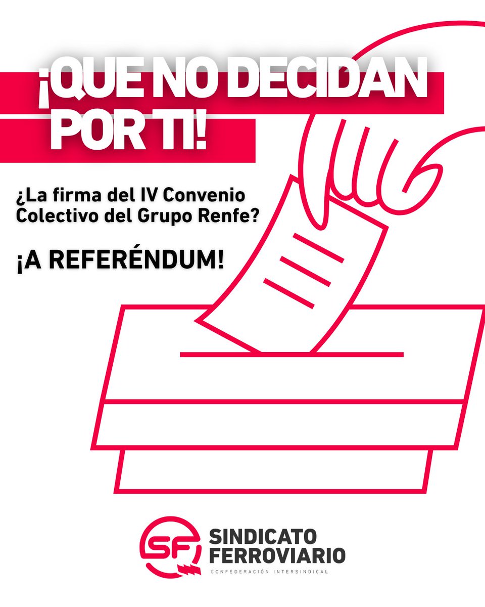 SFIntersindical's tweet photo. ¡QUE NO DECIDAN POR TI!

La firma del IV Convenio Colectivo del Grupo Renfe debe ser consultada mediante referéndum a toda la plantilla.

¡Exigimos al CGE que de voz a la plantilla!

#DefiendeElFerrocarril #DefiendeTusDerechos https://t.co/xAZNDOX0nr