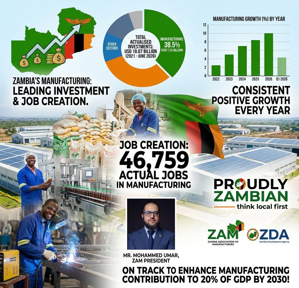 JitoKayumba's tweet photo. 🇿🇲 Manufacturing Takes the Lead in Zambia's Economic Growth! 🏭

​Based on the recently released ZAM Press Statement, the Zambia Association of Manufacturers (ZAM) is thrilled to welcome the latest Zambia Development Agency (ZDA) report on Actualised Investments. The findings confirm that Zambia remains a favourable investment destination, with the manufacturing sector leading the charge in driving industrialisation, economic diversification, and sustainable growth.  

​Here are the key highlights from 2021 to June 2026:

​Out of the USD 19.07 billion in total actualised investments recorded by ZDA, manufacturing accounted for the highest share at USD 7.33 billion (38.5%).  

​The sector generated 46,759 actual jobs, making it the second-largest employment contributor among the monitored sectors.  

​Manufacturing experienced positive growth every year during this period, reaching a 7.1% growth rate in 2025 and 5.4% in the first quarter of 2026.  
​The sector now accounts for nearly 10% of the national GDP.  

​Manufacturing contributes significantly to the economy, providing 10.4% of Government tax revenue as of Q1 2026.  

​Resilience in the Face of Challenges
This incredible performance is especially notable given the tough operating environment. Despite energy constraints caused by the drought, limited access to affordable long-term finance, and global economic uncertainty, manufacturers have shown strong determination to expand production and remain competitive.  

​Together, we can achieve our ultimate goal: enhancing the manufacturing sector's contribution to 20% of GDP by 2030!