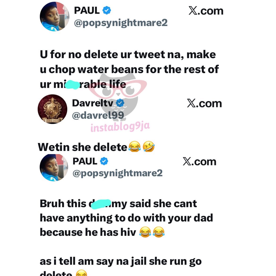 instablog9ja's tweet photo. Streamer Phyna and Colleague Davrel Trade Words After He Claims She Has Been Begging Him to Introduce His Billionaire Father to Her 

Reality TV star Phyna has responded after content creator Davrel made claims about her while reacting to allegations she made against him. 

The drama began when Phyna accused Davrel of owing her cameraman money. According to her, she introduced Davrel to her personal cameraman after he reached out, claiming he needed one to shoot a thriller for singer Davido. 

“I know Daveville. The other time, he said he wanted to shoot a thriller for Davido and needed a cameraman. I sent him my personal cameraman. Till today, he has refused to pay that boy his money. Then you come online and start talking anyhow,” she said. 

In response, Davrel lashed out at Phyna, accusing her of being disrespectful and making unnecessary jokes about his family.

 “Phyna, your time has come. This girl doesn’t have respect. Making st¥pid jokes, he said. He also made a startling claim, alleging that Phyna had repeatedly asked him to introduce her to his father. 

“Phyna has been begging me to introduce her to my dad. She dey ask me to connect them.” 

Phyna has since dismissed the allegation, accusing Davrel of lying and insisting she was never the person he described.