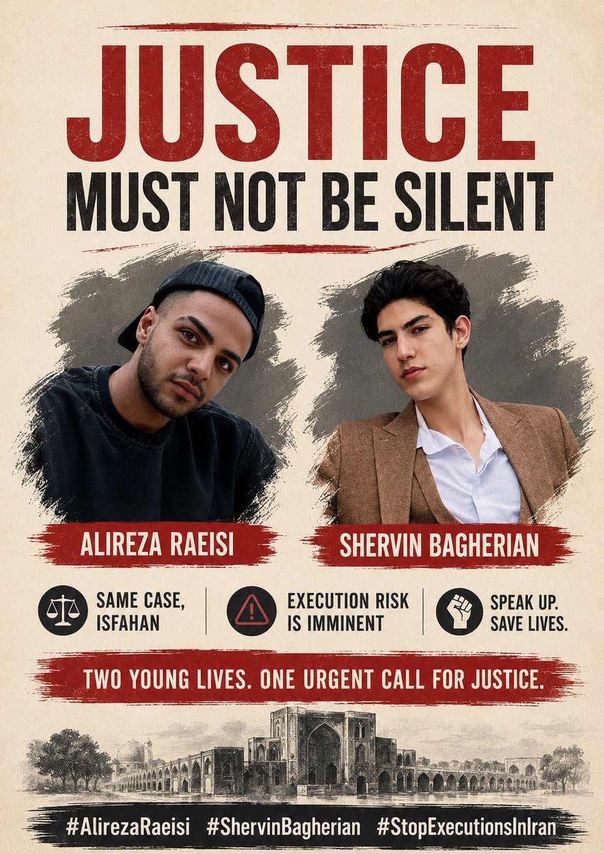 AminMempo's tweet photo. 🚨 URGENT: ALIREZA RAEISI AND SHERVIN BAGHERIAN ARE REPORTEDLY AT IMMINENT RISK OF EXECUTION.

Alireza Raeisi, 22, and Shervin Bagherian, 18, are two young defendants in Isfahan’s Alikhani Square case whose lives may now depend on immediate international attention.

Shervin was reportedly subjected to a forced confession that was broadcast on state television. His family has reportedly faced intense security pressure while his mother’s health has deteriorated under the unbearable fear of losing her son.

Alireza has reportedly been listed among the defendants whose death sentences entered the execution-enforcement stage. Serious concerns remain about restricted access to lawyers, the case file and an effective independent defense.

A confession extracted through intimidation is not evidence.

A proceeding without genuine access to a lawyer is not justice.

An execution carried out after such a process would be an irreversible act of state violence.

@nypost @NoaMagid @marklevinshow @LauraLoomer @FoxNews @NEWSMAX @MariaBartiromo @TheStoryFNC @seanhannity — please report their names now, before they appear in execution announcements.

@AmnestyIran @amnesty @hrw @UNWatch @drmaisato — please demand immediate proof of life, unrestricted lawyer and family access, independent investigation of the reported forced confession and suspension of every execution order.

@SecRubio @WhiteHouse @DarlineGrahamSC @NUFDIran @CENTCOM — please use every available diplomatic and political channel while intervention can still save two lives.

Do not wait until their deaths are confirmed.

Do not publish condolences tomorrow for young men who can still be defended today.

Say their names:

ALIREZA RAEISI

SHERVIN BAGHERIAN

Demand proof that they are alive.

Demand immediate access to their lawyers and families.

Demand that all execution preparations be stopped.

They are still alive.

That means there is still time to act—but there is no time to waste.

#Alireza_Raeisi
#ShervinBagherian
#StopExecutionsInIran