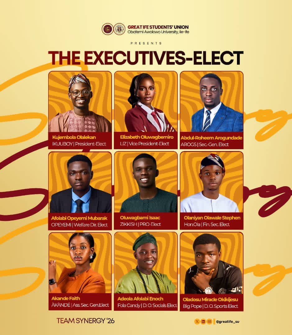 drealbigvirg's tweet photo. GREAT IFE STUDENTS' UNION INDEPENDENT ELECTORAL COMMISSION 2024/2025 SESSION

MEET YOUR EXECUTIVES-ELECT

Following a transparent, peaceful, free, and credible electoral process conducted by the Great Ife  Students' Union Independent Electoral Commission, the Great Ife Students has spoken through the ballot. The election reflected the collective will of the students, reaffirming our shared commitment to democracy, fairness, accountability, and the integrity of the Union's electoral process.

The list of the individuals elected on Thursday, July 23rd are: 

📍 President-Elect: KUJEMBOLA Olalekan Sunday (Ikuuboy). @IkuuBoy

📍 Vice President-Elect: OLUWAGBEMIRO Elizabeth (Liz). 

📍 Secretary General-Elect: AROGUNDADE AbdulRoheem (Arogs). @_Arogs

📍 Public Relations Officer (PRO)-Elect: OLUWAGBAMI Isaac (Zikkish). @Zikkish

📍 Director of Sports-Elect: OLADOSU Miracle (Big Pope).

📍 Director of Socials-Elect: AFOLABI Adeola (Fola Candy).

📍 Financial Secretary-Elect:  OLANIYAN Olawale (Hon. Ola).

📍 Assistant Secretary-General-Elect : AKANDE Faith (Akande).

📍 Welfare Officer-Elect: AFOLABI Mubarak (Opeyemi).

 Furthermore, the newly elected executive have conjunctively adopted the team-name "Synergy" which embodies the new administration's vision of harmonising diverse strengths, ideas, and energies to build a more united, responsive, and progressive Students' Union. It is a commitment to collaborative leadership where every student matters, every voice counts, and every effort contributes to a Union that truly works for all.

To be adequately informed about our union activities, connect with the PRO-Elect: 07065105478