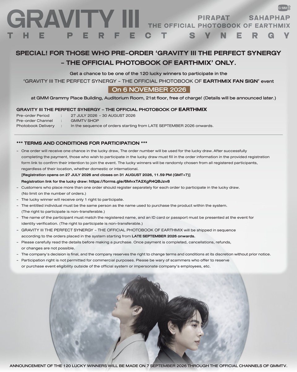 ShopTheHap's tweet photo. PREORDER GRAVITY III : THE PERFECT SYNERGY | THE OFFICIAL PHOTOBOOK OF EARTHMIX [🇲🇾 GO]

💰RM160 incl. EMS
💰2nd payment needed = 🇲🇾 local postage fee

⏰ Deadline: 21 August 2026 8pm 

#ShopTheHapGO 
#GRAVITYIIIxEarthMix
#EarthMix https://t.co/1jDRWE3Ooo
