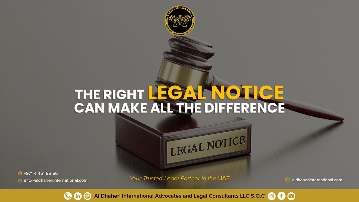 AlDhaheriInter1's tweet photo. A Strong Legal Notice Can Protect Your Rights

#LegalNotice #LegalAdvice #UAELaw #DubaiLaw #AbuDhabiLaw #LawFirm #LegalServices https://t.co/fXWoXURxAE