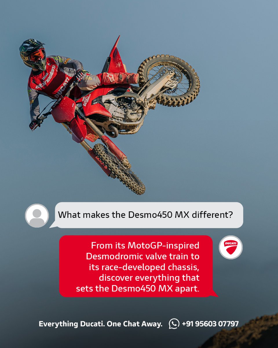 Ducati_India's tweet photo. Everything Ducati, seamlessly connected.

Bespoke assistance at your fingertips. Connect with #DucatiIndia on WhatsApp.

➣ Ask us anything, from your first Ducati to your next one
➣ Get guided to your nearest Ducati dealership
➣ Plan your next test ride or service visit. https://t.co/dBzrIsLo5c