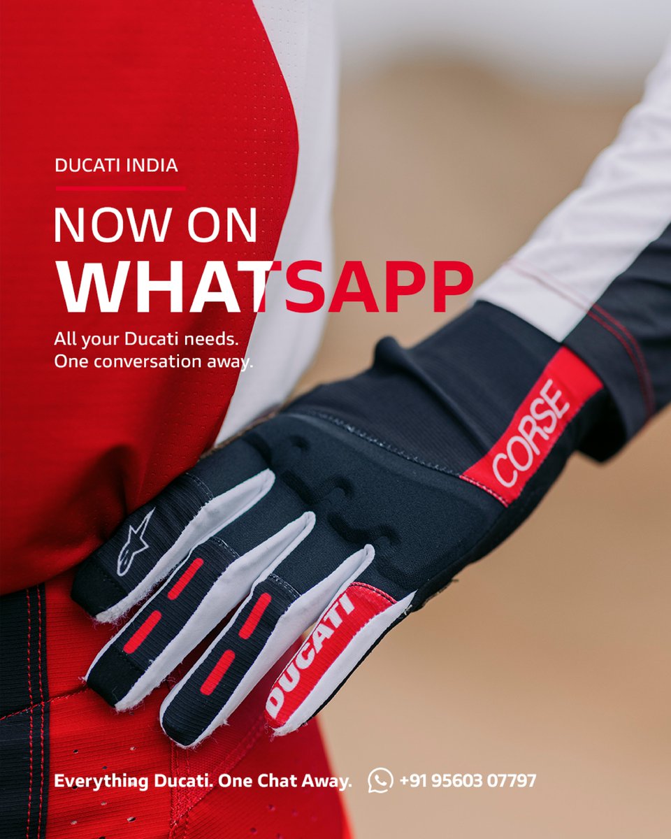 Ducati_India's tweet photo. Everything Ducati, seamlessly connected.

Bespoke assistance at your fingertips. Connect with #DucatiIndia on WhatsApp.

➣ Ask us anything, from your first Ducati to your next one
➣ Get guided to your nearest Ducati dealership
➣ Plan your next test ride or service visit. https://t.co/dBzrIsLo5c