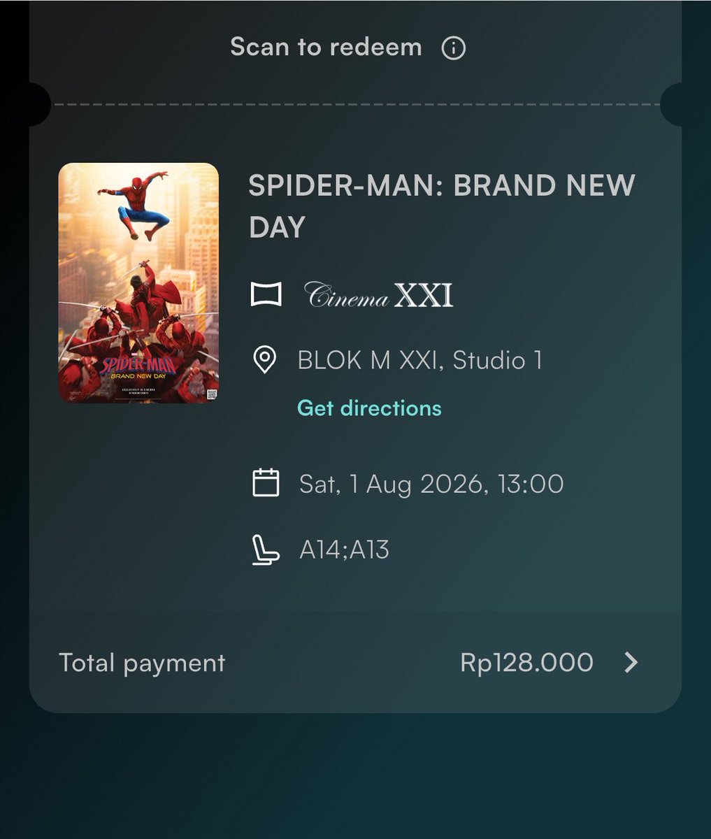 sasueqi's tweet photo. wts tiket spiderman di blokm plaza sabtu jam 1. dijual karena mau ganti schedule jd besok krn uda gasabar huehuee 
hb 128k 
hj 120k nego https://t.co/t60LHmwymA