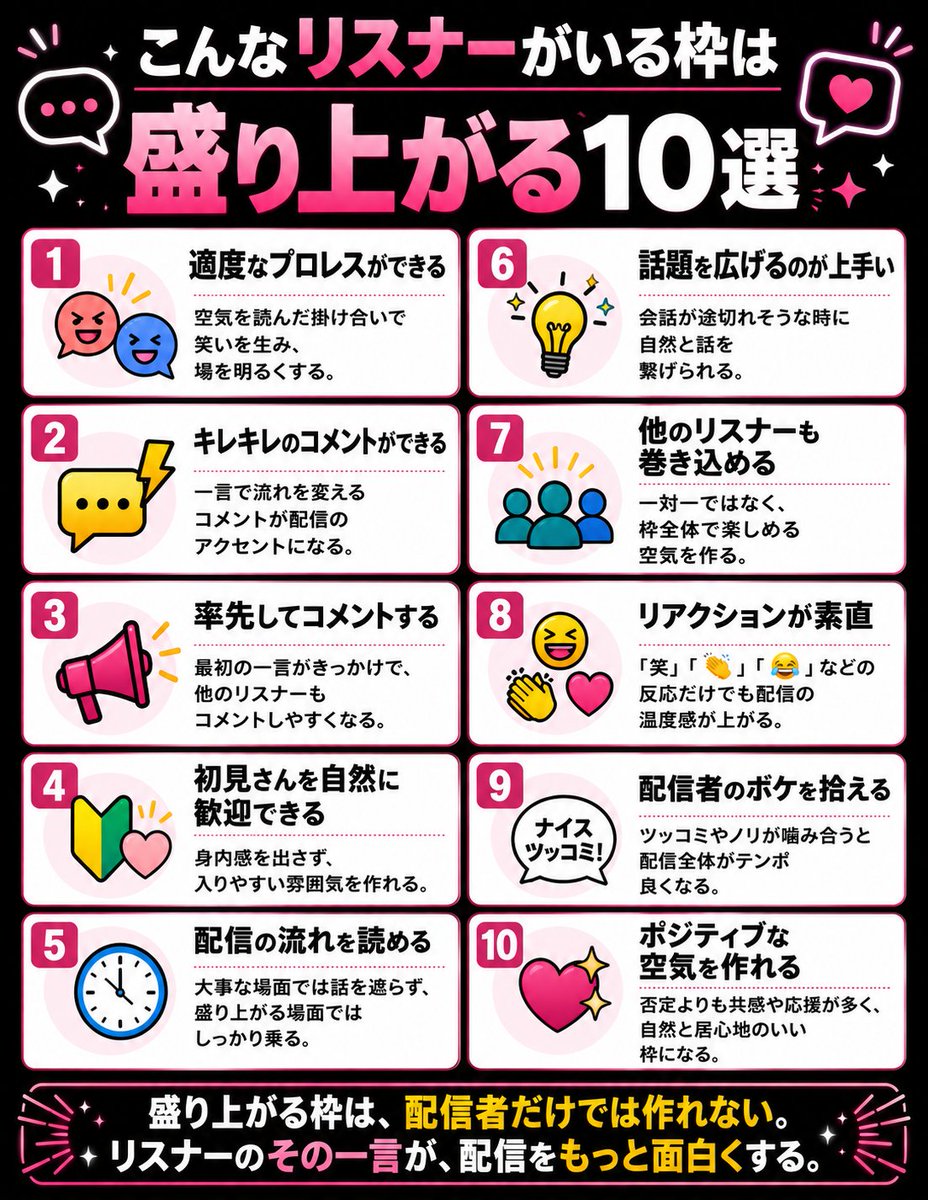 nahari1227's tweet photo. 【こんなリスナーがいる枠は盛り上がる10選】

配信の主役は、もちろん配信者。

でも、リスナーはただ見ているだけの存在じゃない。

一言のコメント、ひとつのリアクション。
その積み重ねが、配信をもっと面白くする。

いい枠は、配信者とリスナーが一緒に作っている。

⬇
あなたはどんなタイプのリスナー？
