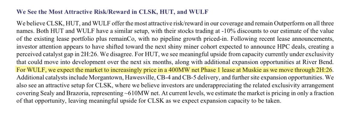 SmallCapSnipa's tweet photo. Investment bank Keefe Bruyette &amp; Woods expects the market to start pricing in another lease for $WULF:

“We expect the market to increasingly price in a 400 MW net Phase 1 lease at Muskie as we move through 2H:26.” https://t.co/7N1OatIc4v