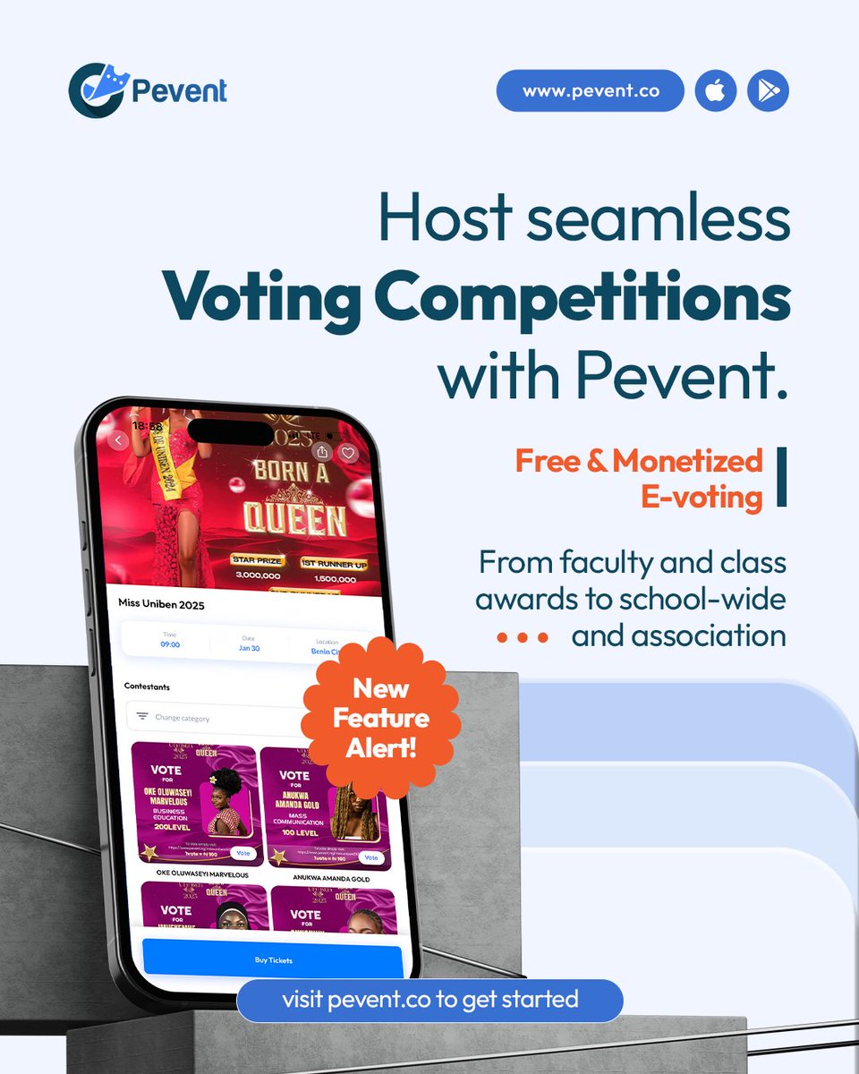 PeventNG's tweet photo. 🚀 Running a voting competition?

Skip the spreadsheets and manual counting.

With Pevent, you can host secure, transparent and monetized online voting for:
🏆 Pageants
🎓 Faculty & departmental awards
🗳️ Student elections
👥 Association contests

Get started at https://t.co/ulHuouTO5B

#Pevent #EVoting #EventTech