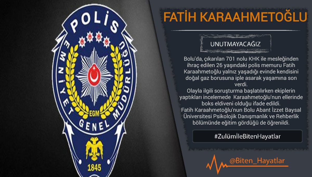 CihanMedyaLu's tweet photo. FATİH KARAAHMETOĞLU
KHK ile polis memurluğundan ihraç edildi.
Aynı zamanda üniversitede PDR eğitimi alıyordu.
Yalnız yaşadığı evinde hesabını mahşere bırkarak yaşamına son verdi.

#Unutmayacağız
#Unutturmayacağız
#ZulümİleBitenHayatlar
https://t.co/OvcRVGtytp https://t.co/EE4PMtiwBB