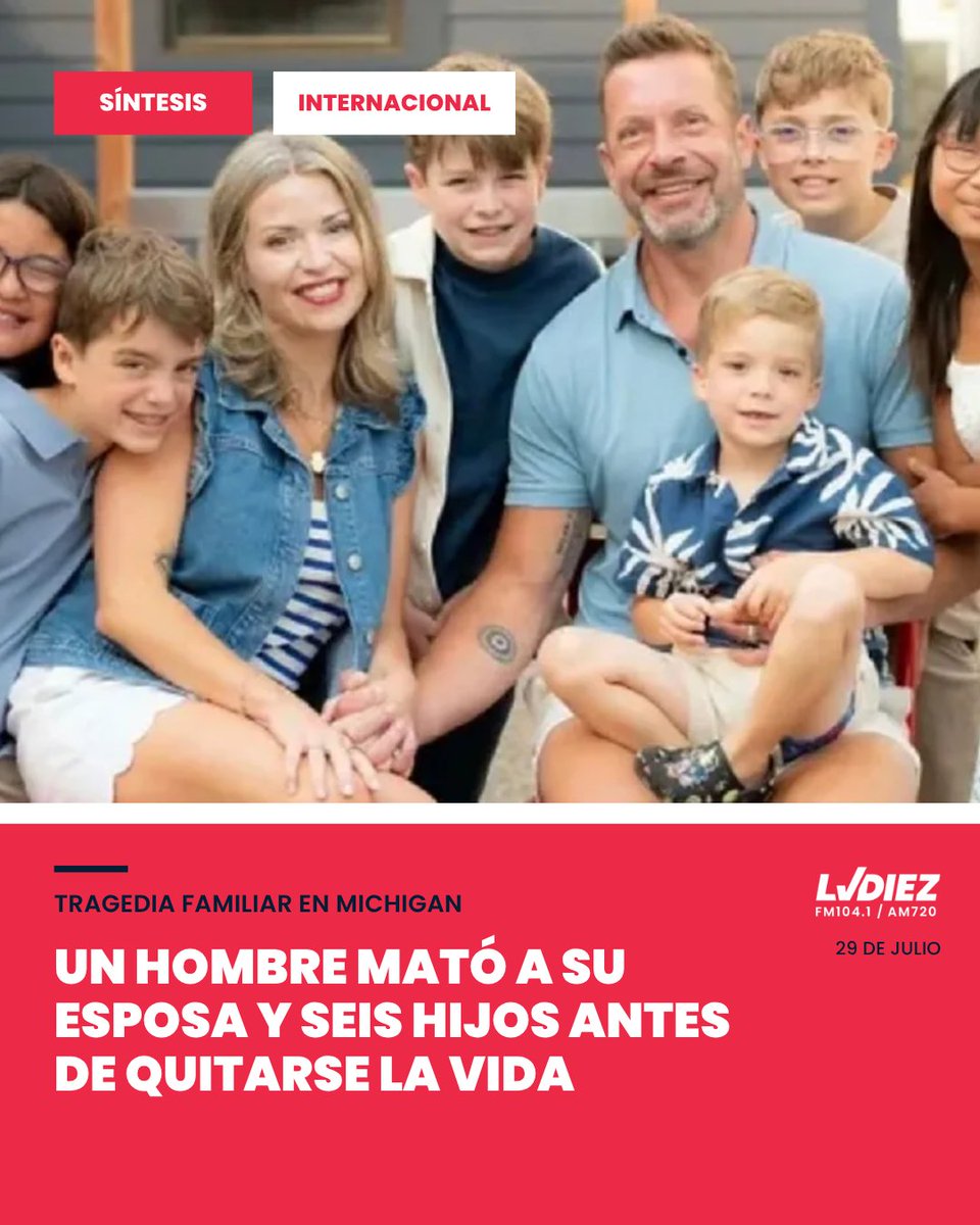 LVDiez's tweet photo. 🇺🇸 TRAGEDIA FAMILIAR EN MICHIGAN | SÍNTESIS

Un hombre mató a su esposa y a sus seis hijos, de entre 5 y 15 años, antes de quitarse la vida.
Las autopsias determinaron que todos murieron por disparos y que la vivienda fue incendiada después del ataque. https://t.co/YLNBjuKUag