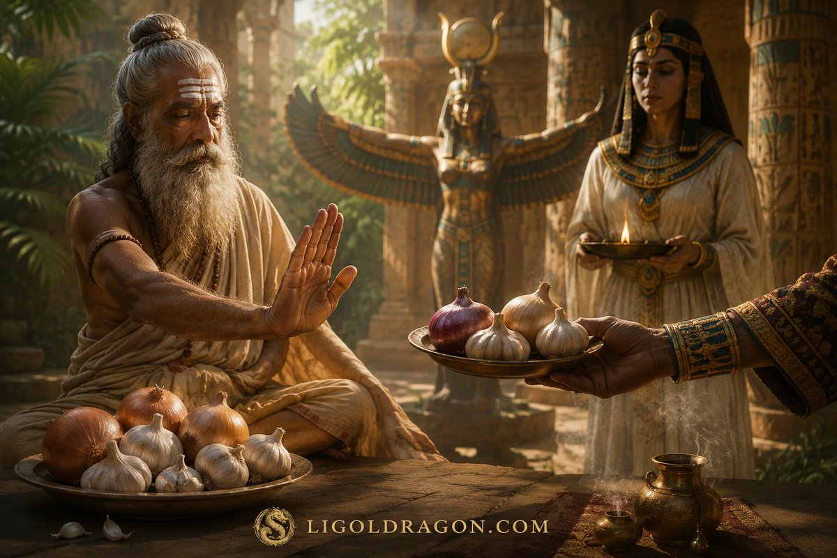 LiGoldragon's tweet photo. The Ṛṣis verified that onions and garlic agitate the mind, inflame the senses, disturb prāṇa, and diminish the sāttvika state required for meditation and ritual purity. For this reason they are avoided by yogins, many temple priests, and the priests of Isis. https://t.co/CsrJcKOfcR