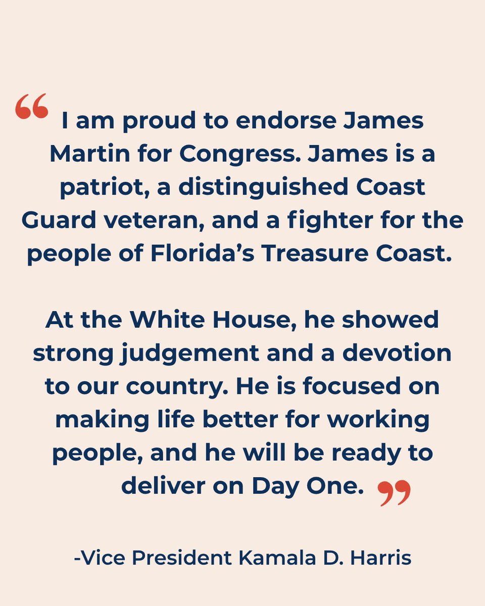 MartinforFL's tweet photo. I am honored that Vice President @KamalaHarris has endorsed my campaign for Congress and our movement to bring real leadership to the Treasure Coast and this great country.

For nearly four years, I had a front-row seat as she fought for the American people—asking hard questions and always looking out for the 'little guy' in policy discussions. 

I'm running to bring that same leadership to the halls of Congress.