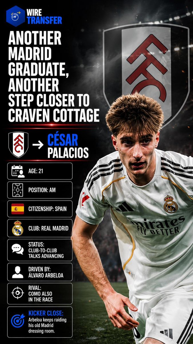 skovic90's tweet photo. César Palacios ➡️ Fulham

🚨 Fulham are closing in on Real Madrid youngster César Palacios. Club-to-club talks are progressing as they look to win the race for the 21-year-old. ⚪⚫

#Fulham #RealMadrid #Transfers https://t.co/fDHZ5lwMuF