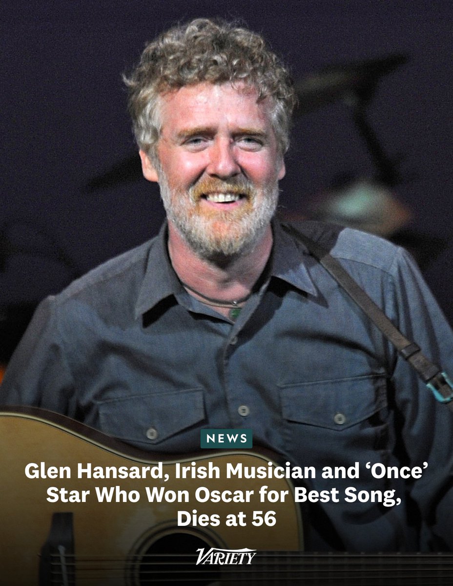 Variety's tweet photo. Oscar winner Glen Hansard ("Once") has died in a motorcycle crash at 56 years old. He won the Academy Award for best original song with "Falling Slowly."

“With broken hearts we announce the passing of Glen Hansard who passed away, in the early hours of this morning, following a road traffic accident in Dublin," a statement from his agency reads. "Glen’s family is deeply shocked and heartbroken by this tragic loss and respectfully requests privacy at this extremely difficult time. The family is grateful for the support they have received and wishes to thank the emergency services who attended the scene."

https://t.co/YUoXsI7kOO