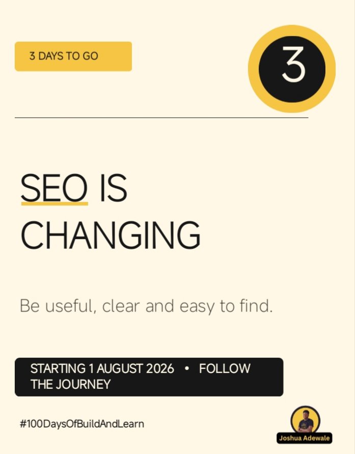 joshua_ade24612's tweet photo. If customers and AI search cannot understand your offer, visibility becomes harder.

Day 3: SEO is changing: be useful and answerable. I’m counting down to 100 days of practical web, data, SEO &amp; AI learning. #100DaysOfBuildAndLearn https://t.co/Qvk79ZSbbq
