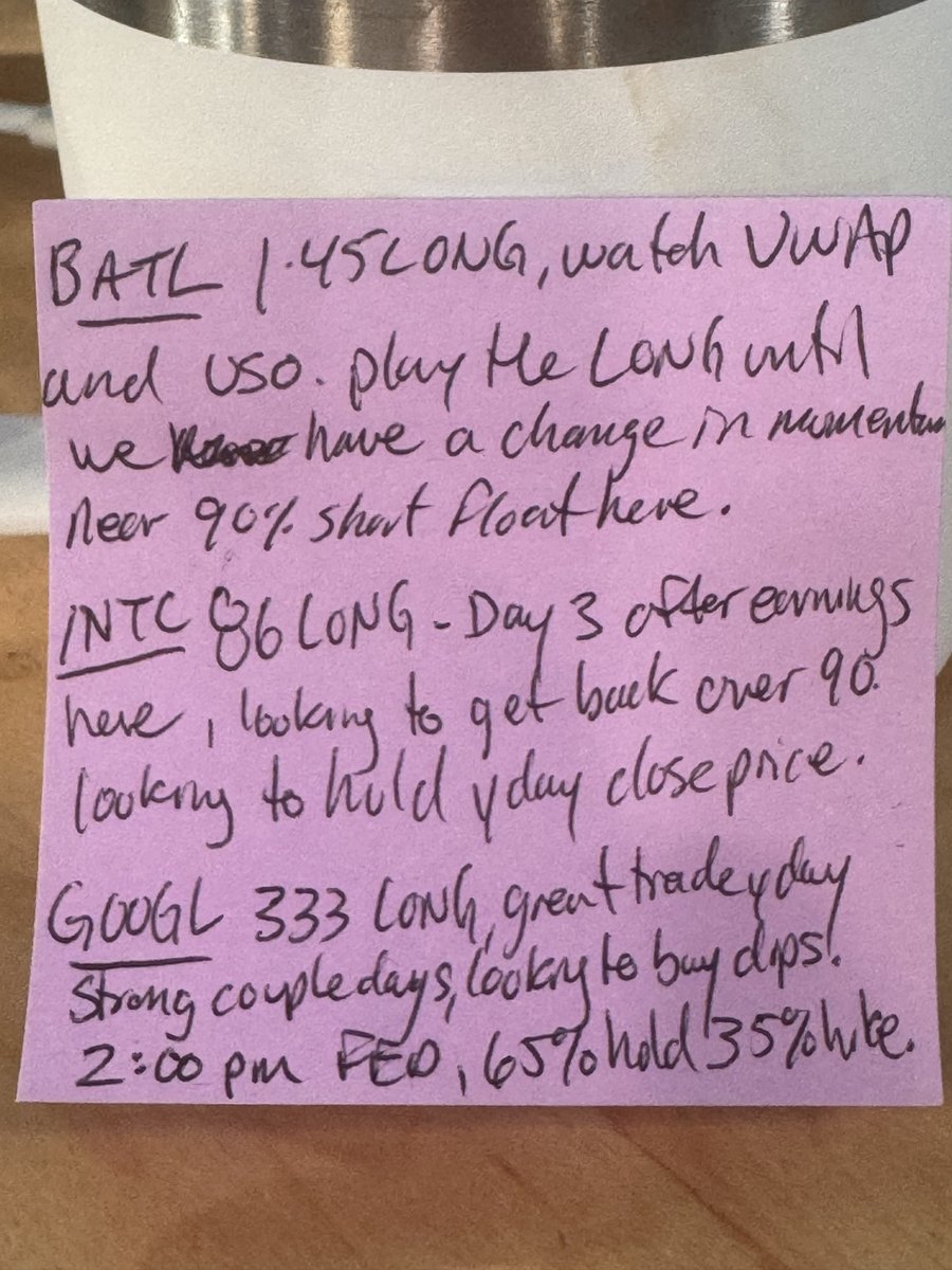 tradertvshawn's tweet photo. π
Wednesday, July 29, 2026
Here is today's #stickynote watchlist! ππ₯
FED rate decision on tap for 2:00 PM today with all eyes on macro, but we've got solid long setups across high short-float runners, post-earnings follow-through, and tech dip-buying!
What do you think of these plays today? Got any ideas or levels on your radar for the open? Drop them below! ππ
cc: @tradertvlive @ttvlresearch
π’ $BATL β 1.45 LONG. Watch VWAP and $USO. Play the LONG until we have a change in momentum. Near 90% short float here.
π’ $INTC β 86 LONG. Day 3 after earnings here, looking to get back over 90. Looking to hold yday close price.
π’ $GOOGL β 333 LONG. Great trade yday. Strong couple days, looking to buy dips.
ποΈ 2:00 PM FED β 65% hold / 35% hike.
Check back daily for my signature #stickynote watchlists & key trading levels! ππ₯
#DayTrading #StockMarket #TradingIdeas #DayTrader #StocksToWatch #TechnicalAnalysis #FED #FOMC