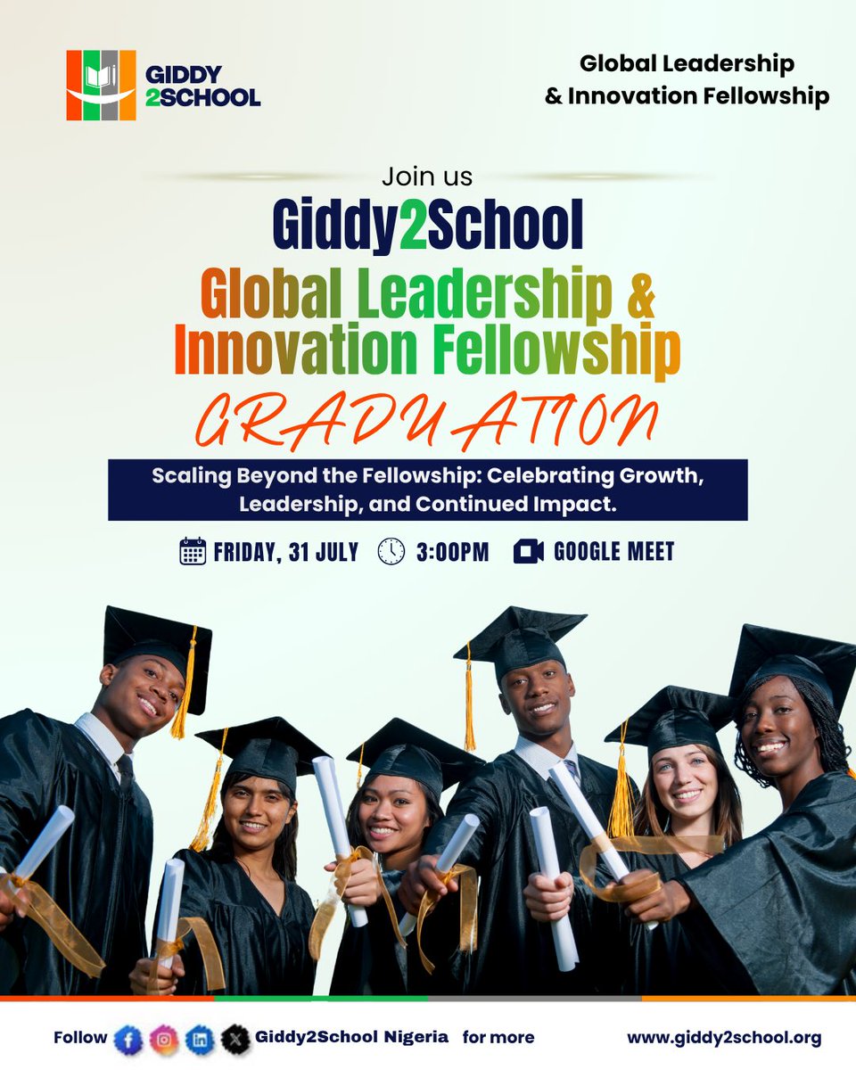 Giddy2School's tweet photo. Join us as we celebrate the incredible journey and achievements of the graduating fellows of the Giddy2School Leadership &amp; Innovation Fellowship (GGLF).

Let's celebrate growth, leadership, innovation, and impact. See you there! 💙

#GGLF2026 #Leadership #Innovation #Giddy2School https://t.co/WpwLZirj8l