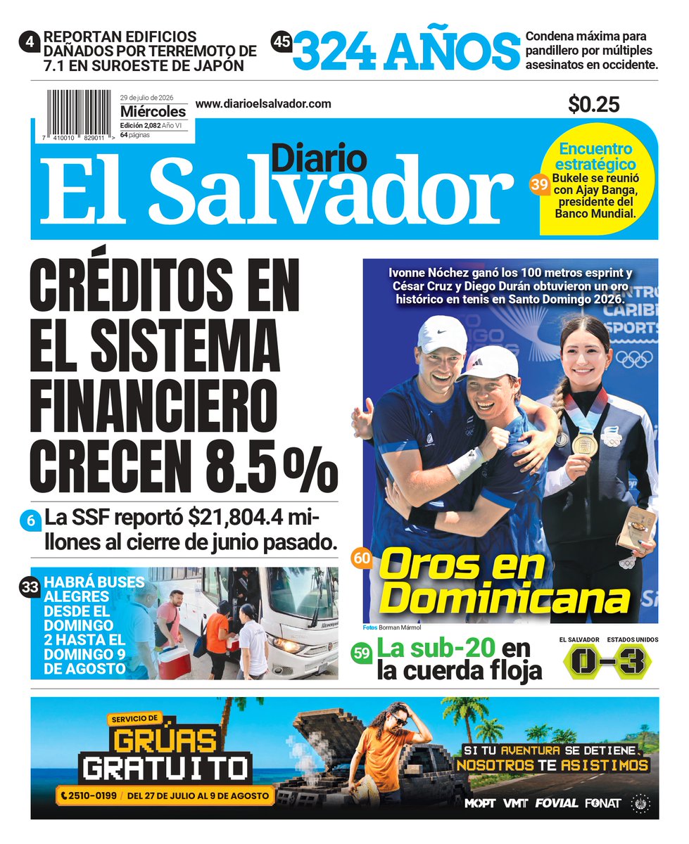 Judicial_ES's tweet photo. Esta es la portada de #DiarioElSalvador de este miércoles, 29 de julio de 2026. #DiarioES 

Entérate de más noticias en ➡️ https://t.co/v5QgNxsWaI https://t.co/QBIBzwEoTb