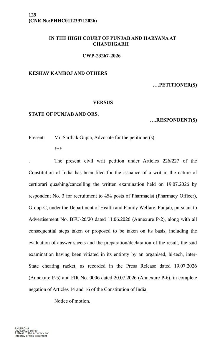 Rattan1990's tweet photo. Big Breaking: Punjab & Haryana High Court major order in the Pharmacy Officer recruitment case.
The Court has directed that the further recruitment process will remain subject to the outcome of the case.

The order affects:

✅ Evaluation of answer sheets (if still pending)

✅ Declaration of the result

✅ Preparation and publication of the merit list

✅ Document verification

✅ Final selection list

✅ Appointments and joining