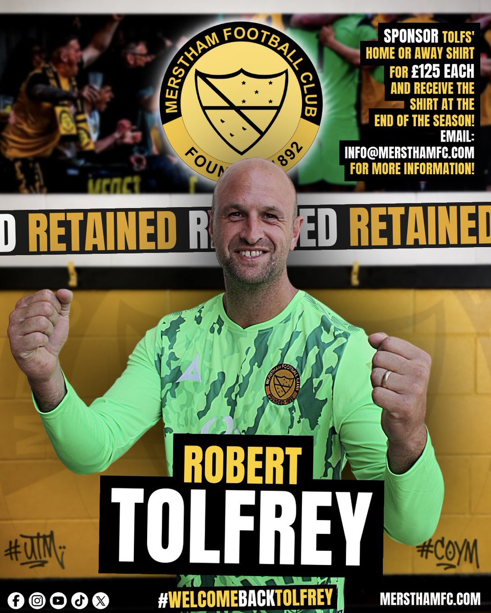 MersthamFC1892's tweet photo. 𝗥𝗘𝗧𝗔𝗜𝗡𝗘𝗗: 𝗥𝗢𝗕𝗘𝗥𝗧 𝗧𝗢𝗟𝗙𝗥𝗘𝗬

Legend.

A complete legend, and we can’t wait to see Tolfs back between the sticks.

👕 Tolfs’ home &amp; away shirts are available to sponsor. Email info@mersthamfc.com

🎟️ Season tickets: https://t.co/NAD9eVFIWU

#COYM 🧡🖤 https://t.co/JforObSASQ