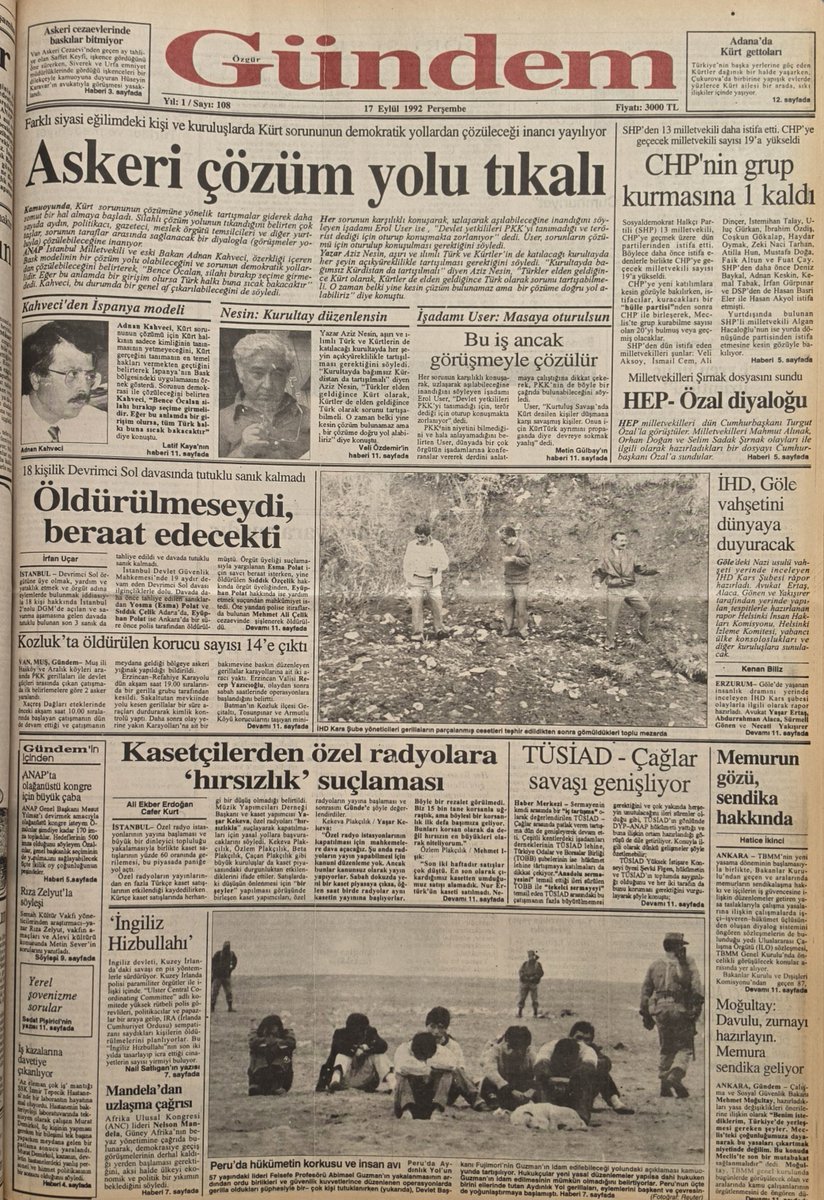 zkisanak's tweet photo. Kürtler, 1992 yılında da Kürt sorununda siyasi çözümde ısrar etti. Buna karşılık daha sonra şaibeli bir trafik kazasında hayatını kaybedecek olan eski Devlet Bakanı Adnan Kahveci, Bask modelini önerdi. Kontrgerilla çözüme karşı çıktı, şimdi ise dijital kontralar karşı çıkıyor. https://t.co/ICrWkrGbmO