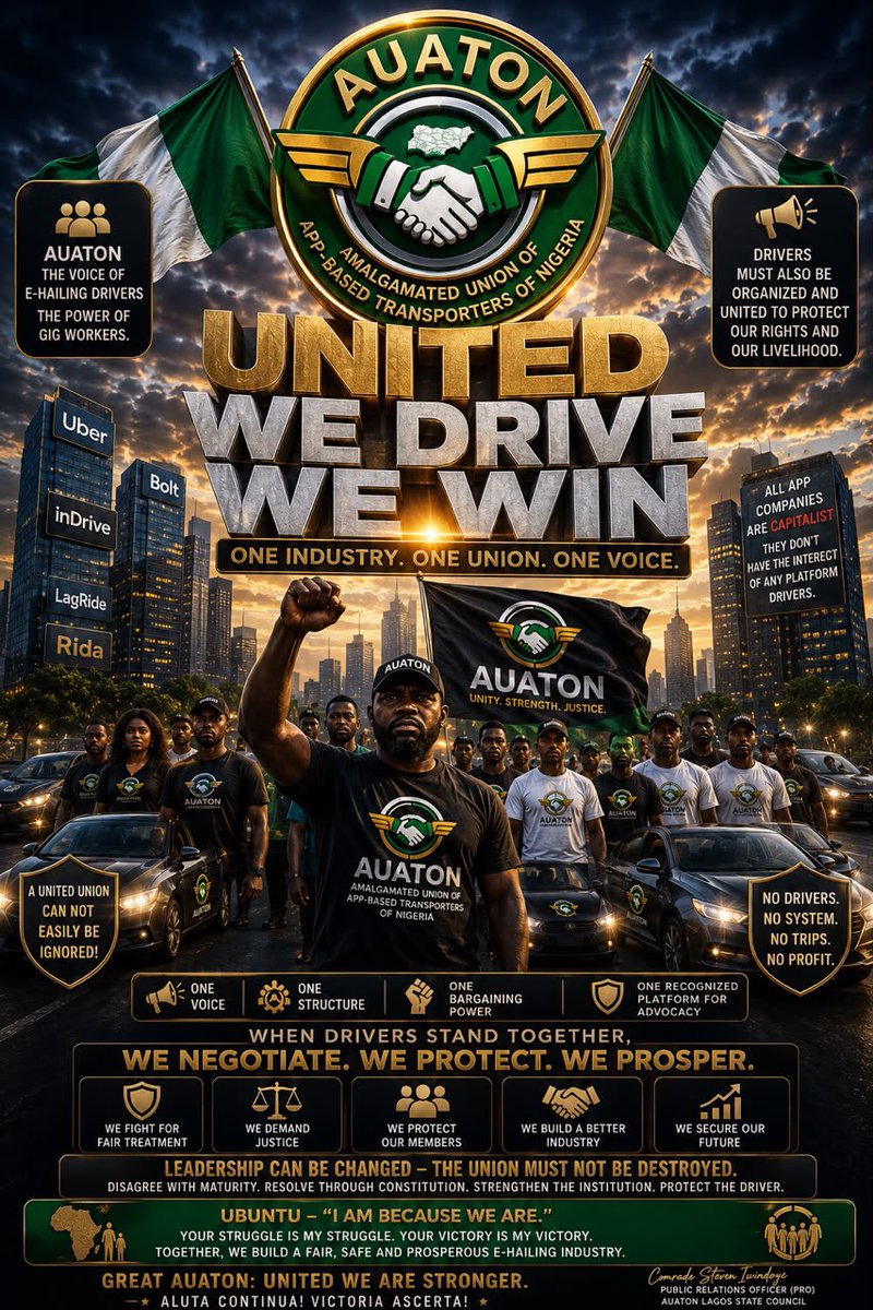 AUATONLagos's tweet photo. *A CALL TO EVERY STAKEHOLDER IN THE E-HAILING INDUSTRY*

Sometimes, we all need to pause and ask ourselves one simple but important question:

Who truly benefits when platform drivers are divided?

The answer is obvious.

It is certainly not the driver struggling every day to provide for his family. It is not the driver risking his life on the roads of Lagos, Abuja, Port Harcourt, Kano, Enugu, Ibadan, or anywhere else in Nigeria.

The greatest beneficiaries of our division are the app companies.

Let’s be honest with ourselves. Every app company is a capitalist business. Their primary responsibility is to protect their profits, satisfy investors, and grow their business. They are not charities, and they are not established to put the welfare of platform drivers ahead of their corporate interests.

That is why they have lawyers, policy experts, public relations teams, technology, executives, and enormous financial resources working every day to protect their business.

The question is: who is protecting the drivers?

If we continue fighting ourselves, creating camps, and allowing personal interests to come before our collective future, then we are doing exactly what strengthens those who already have the advantage over us.

This is why I am calling on every AUATON State Council, every executive, every stakeholder, every fleet owner, every captain, every platform representative, and every app-based driver across Nigeria to fall into formation.

This struggle is bigger than any one individual.

It is bigger than any chairman.

It is bigger than any president.

It is bigger than any executive.

It is about the future of an industry that feeds thousands of Nigerian families.

As Africans, we have a philosophy that has guided communities for generations, Ubuntu.

“I am because we are.”

Your struggle is my struggle.

Your pain is my pain.

Your victory is my victory.

If one driver is unjustly deactivated, we should all be concerned.

If one driver is attacked, every driver should feel it.

If one driver’s vehicle is impounded unfairly, it affects all of us.

Because tomorrow, it could be any one of us.

Leadership will come and go.

Positions will change.

Elections will be held.

But the ordinary driver will still wake up every morning hoping to make enough to feed a family, pay school fees, settle rent, and survive another day.

That driver deserves a strong, united, and respected union.

We can disagree.

We can demand accountability.

We can challenge our leaders.

But let us do so through the proper constitutional and democratic processes without destroying the institution that exists to protect us all.

No app company fears a divided workforce.

But every app company respects an organized, disciplined, and united union.

This is the time to set aside ego, personal ambition, and unnecessary rivalry.

This is the time to rebuild trust.

This is the time to strengthen AUATON.

This is the time to stand together.

Because when drivers stand together, our voices become impossible to ignore.

Ubuntu reminds us that none of us succeeds alone.

Our strength is in our unity.

Our power is in our solidarity.

Our future depends on our ability to stand together.

One Industry.

One Union.

One Voice.

No Drivers. No System.

United, we rise. Divided, we all lose.

Aluta Continua!

Victoria Ascerta!

✍🏾 Comrade Steven Iwindoye
RockNATION
Public Relations Officer (PRO)
AUATON Lagos State Council