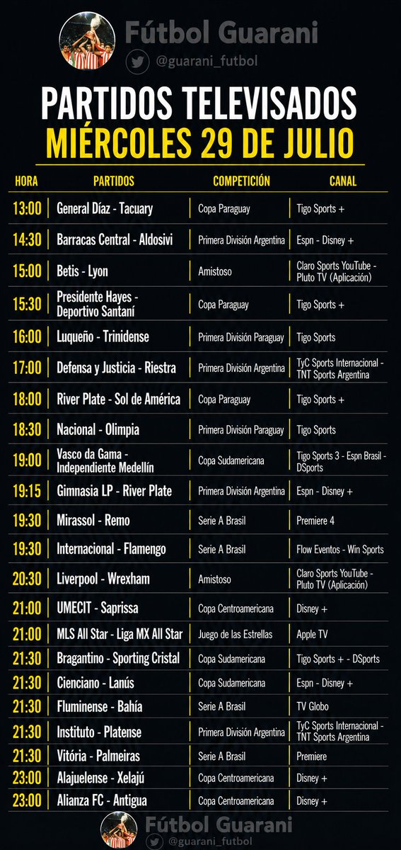 guarani_futbol's tweet photo. Partidos televisados miércoles 29 de julio. https://t.co/FoGLvr37Pd