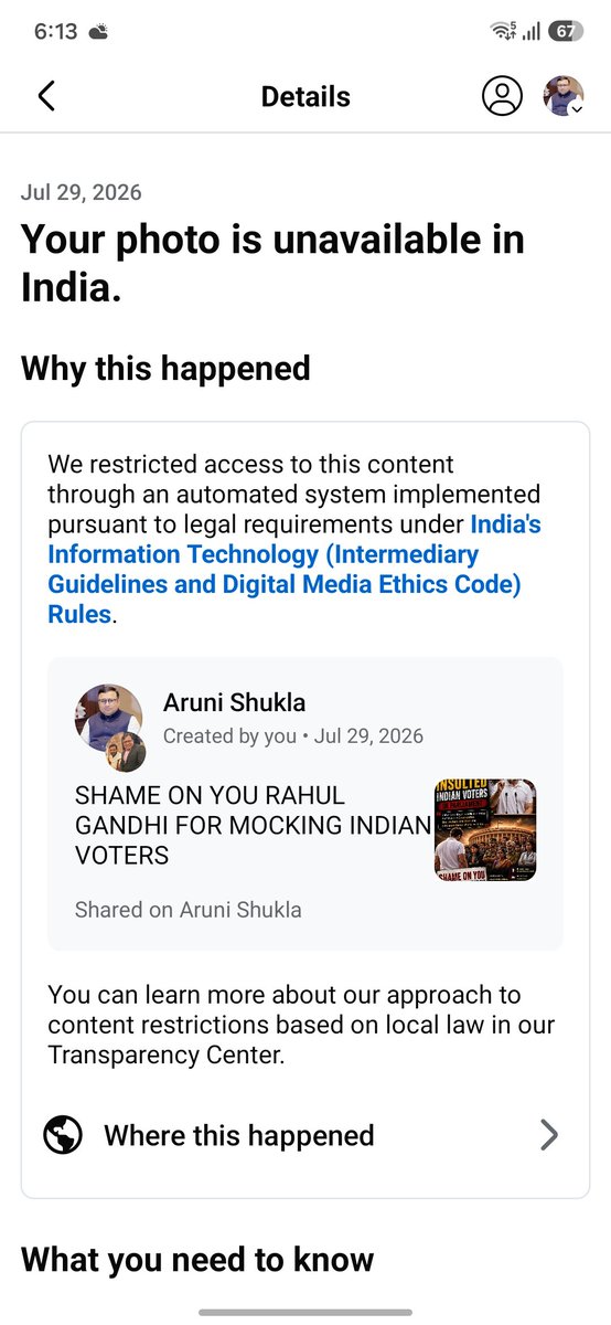 ShuklaAruni's tweet photo. Dear @Meta @GoI_MeitY why every post related to Rahul Gandhi is being restricted?
@elonmusk @PMOIndia @HMOIndia https://t.co/bhhFsU71dB