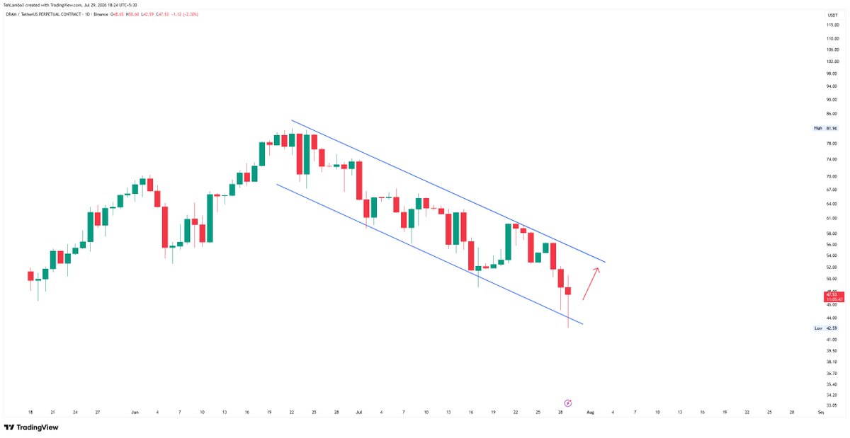 TehLamboX's tweet photo. $DRAM here with $SNDK like play, bouncing off the lower trendline on the day chart and should now be targeting upper trendline near 52-54 block. https://t.co/3GEJYwnyxL
