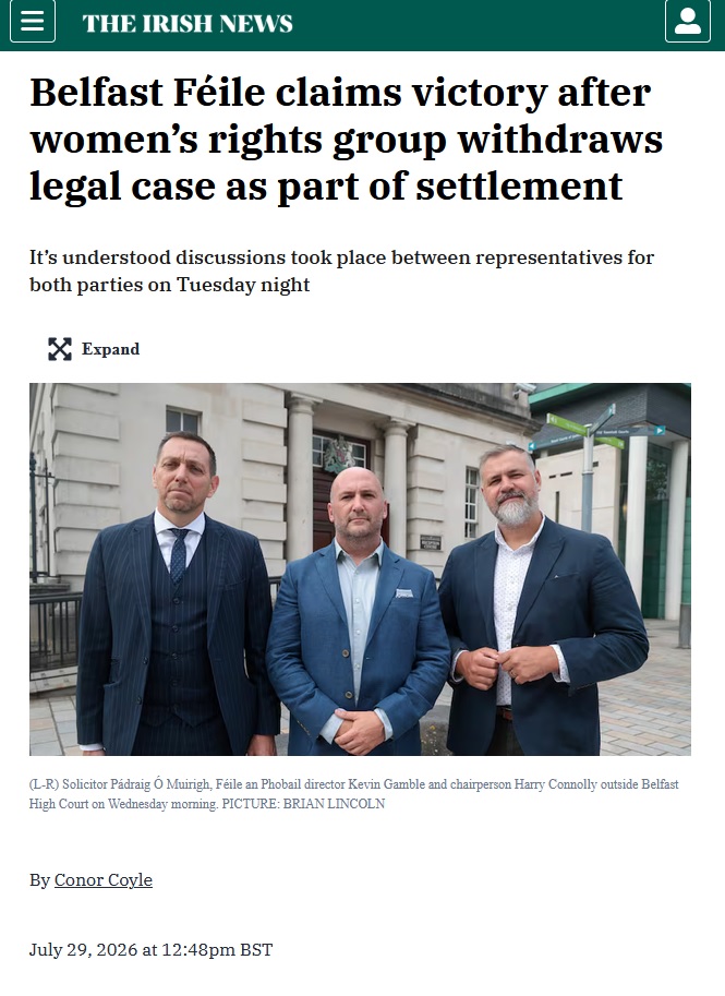 nwl88444048's tweet photo. The three men of Feile an Phobail who excluded and cancelled a women's rights discussion...

From left, Padraig O'Muirigh (49, director), Kevin Gerard Gamble (45, former director, current company secretary and CEO) and Henry Mark Connolly (40, director and chairman).

And the women they stopped, Nora Calder (Women's Rights Network), Laoise de Brun (The Countess) and Helen Joyce (Sex Matters)