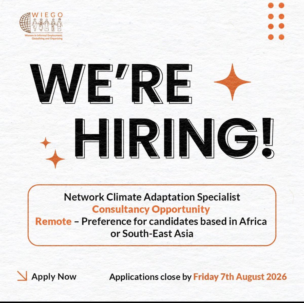 _omalicha__'s tweet photo. Using this thread to advertise opportunities in the climate change space:
WIEGO (Women in Informal Employment: Globalizing and Organizing) is hiring two positions, fully remote. #IkoKaziKe

https://t.co/dBfj9FVbOk https://t.co/f7R04d6nzZ