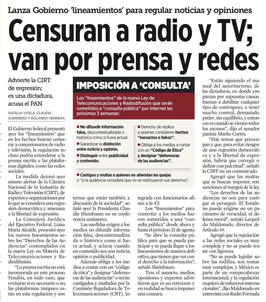 JoseMarioMX's tweet photo. La censura rara vez llega anunciándose como censura. Casi siempre entra con palabras amables: “proteger a las audiencias”, “combatir la mentira”, “garantizar información veraz”. El problema empieza cuando el Gobierno deja de ser sujeto de la crítica y pretende convertirse, al mismo tiempo, en juez de lo que puede decirse sobre él.

Distinguir noticia, opinión y publicidad es razonable. Lo inadmisible es entregar a una autoridad cercana al poder la facultad de decidir qué información es “falsa”, “descontextualizada” o “insuficientemente corregida”, y acompañar esa decisión con multas, procedimientos y amenazas regulatorias.

La censura más eficaz no es la que borra una nota después de publicada. Es la que consigue que el periodista no la publique. Cuando una redacción empieza a preguntarse qué tolerará el Gobierno antes de preguntarse qué necesita saber la sociedad, la libertad de expresión ya comenzó a perderse.

Puedo llevarlo todavía a un tono más duro, más jurídico o más narrativo.