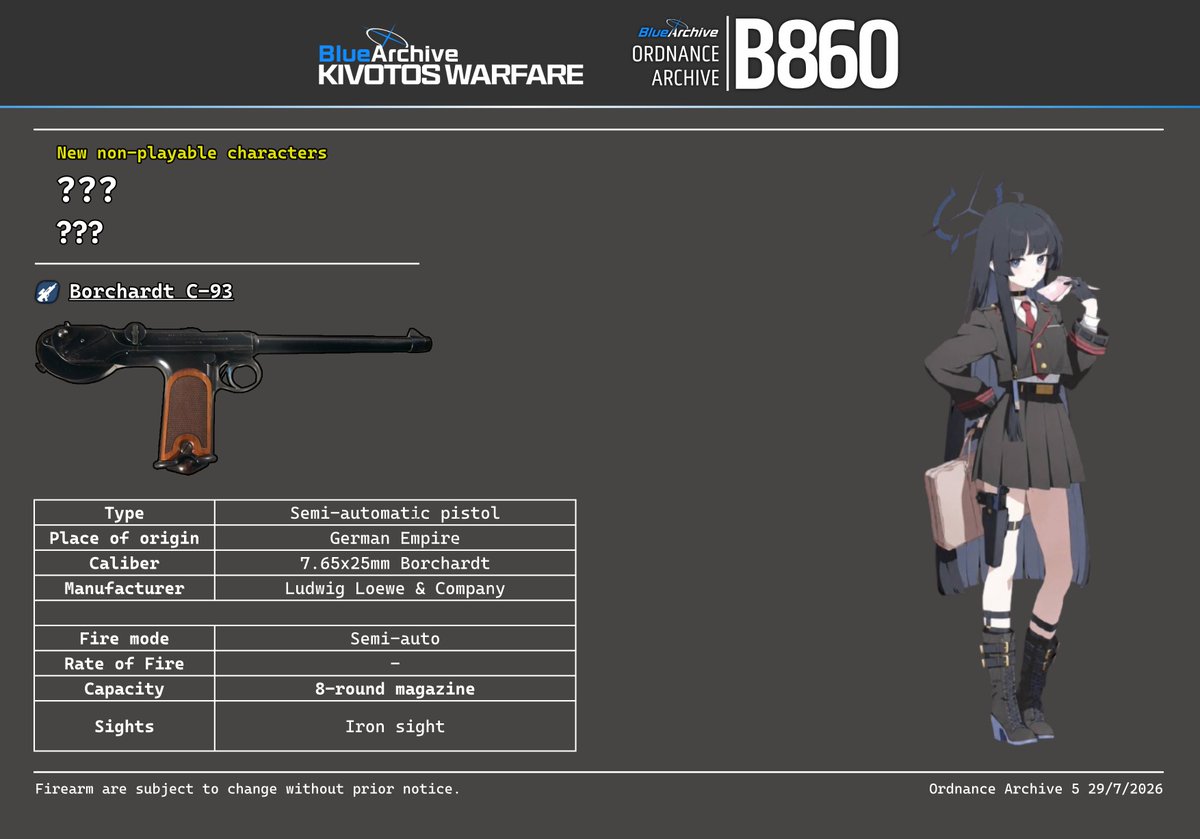 BArchiveWarfare's tweet photo. Firearm confirmed - ??? | Borchardt C-93

Designed by Hugo Borchardt in 1893, it was the first mass-produced semi-automatic pistol.

Featuring a toggle-lock recoil action, scaled down from the Maxim gun, which later influenced the development of the iconic pistol, the Luger P08.

#BlueArchive #ブルアカ #블루아카이브