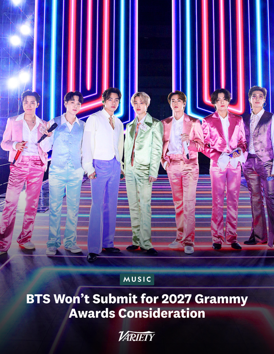 Variety's tweet photo. BTS pulls out of #Grammys consideration and will not submit for the awards. 

“We have decided not to submit for Grammy consideration this year. We  hope our music can be heard and loved for what it is, rather than being  divided by region or language. We thank Army and everyone who has always  stood by us,” reads a statement from all members RM, Jin, Suga, J-Hope, Jimin, V and Jungkook.

https://t.co/1A5D5cjEwr