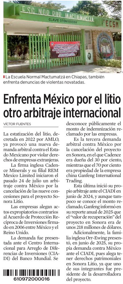 bereaguilarv's tweet photo. Otro logro de la brillante política económica de la 4T.

México enfrenta un tercer arbitraje internacional por la estatización del litio.

Ahora, Cadence Minerals reclama la cancelación de nueve concesiones en Sonora.

Mientras espantan inversiones, multiplican los litigios internacionales. 
No tienen madre.