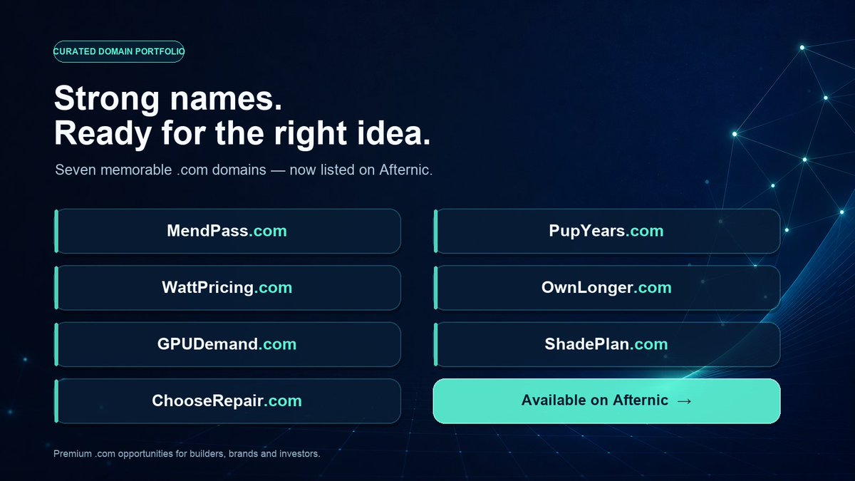 TheDomainHolder's tweet photo. Now available on Afternic:

MendPass .com • PupYears .com • WattPricing .com • OwnLonger .com • GPUDemand .com • ShadePlan .com • ChooseRepair .com

Seven .com names for ideas in AI, energy, repair, pets and ownership.

Search the name on Afternic or DM me.

#DomainsForSale https://t.co/ajcAveN9EZ