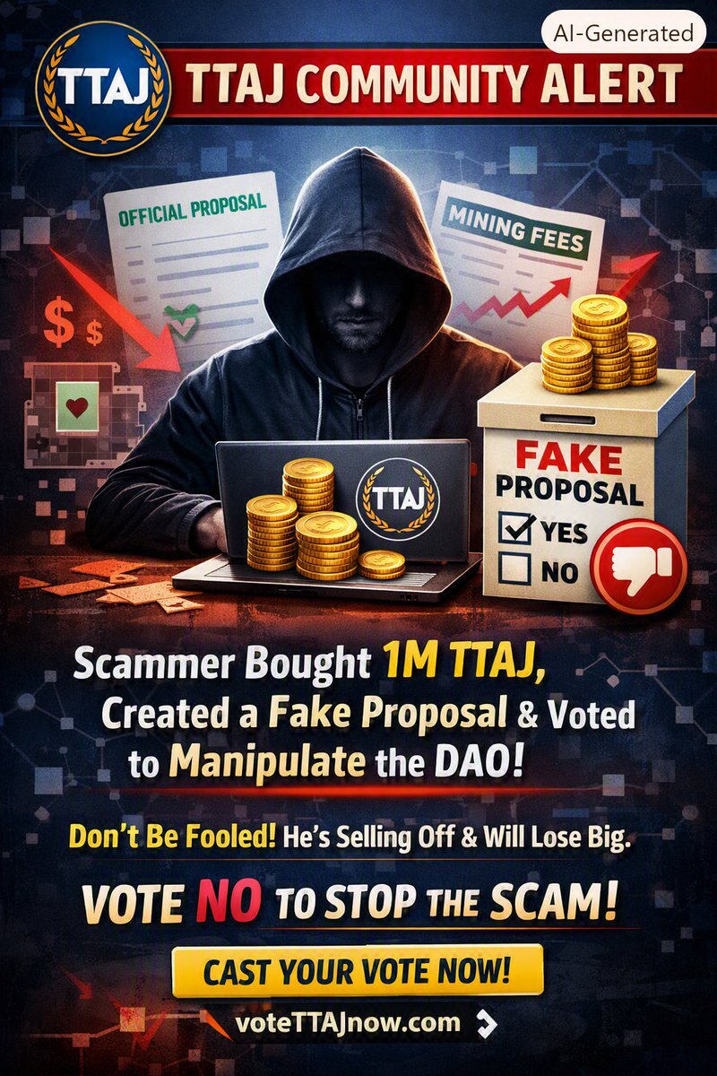 TajmToken's tweet photo. Subject: Community Alert – Malicious Proposal Attempt  

Body:  
Dear TTAJ Community,  

We want to inform you about a malicious attempt to exploit the recent mining fee disbursement. One individual tried to disguise his proposal with the same description used for legitimate disbursements, hoping to mislead the community into believing it was initiated by the developers.  

Please remember: all official proposals are always announced through our official community channels.  

This attacker purchased over 1 million TTAJ, created a proposal, voted with those tokens, and then immediately sold them. However, thanks to the DAO’s 3‑day delay setting, his plan was blocked. Just like a previous case, he will suffer losses due to price differences.  

We strongly urge the community to vote NO on this fraudulent proposal to ensure his scheme fails.  

👉 Cast your vote here: Vote NO on the malicious proposal 👇
https://t.co/Cfj9fs8B6w

Together, we protect the integrity of TTAJ.