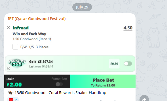 RacingPointTips's tweet photo. GOODWOOD DAY 2 OFF TO A FLYER 🔥

🥇 INFRAAD @ 7/2 ✅✅

First tip of the day lands🏇

BOOM! 👊📈 https://t.co/SIIYnUQU8o