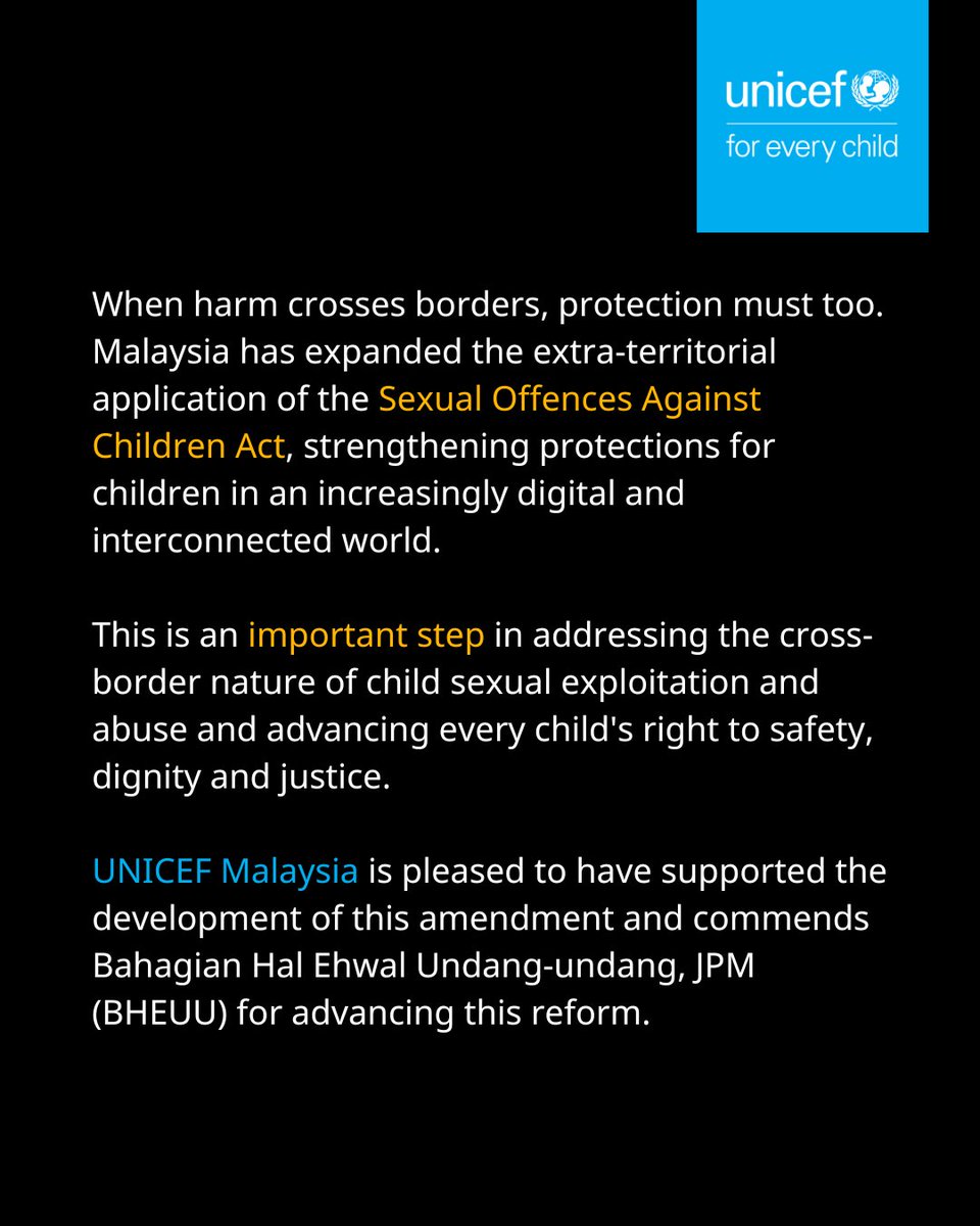 myUNICEF's tweet photo. When harm crosses borders, protection must too.  UNICEF Malaysia is pleased to have supported the development of this amendment and commends

@bheuu_jpm for advancing this reform. https://t.co/qciwbtj8kT https://t.co/Y7RWUxxCwG