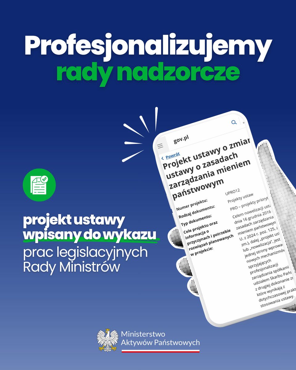 MAPGOVPL's tweet photo. 🚨 Jednym z priorytetów #MAP jest standaryzacja ładu korporacyjnego, który ma istotne znaczenie w szczególności w kontekście budowania wartości spółek Skarbu Państwa. 

Skład organów nadzorczych powinien być kształtowany w sposób zapewniający merytoryczny i bieżący nadzór nad spółką. 👉 Kluczowe stanowiska powinny być powierzane profesjonalistom, którzy rozumieją zarówno specyfikę rynku, jak i wagę odpowiedzialności związanej z zarządzaniem majątkiem państwowym. 

✒️ Planowany termin przyjęcia projektu przez Radę Ministrów: III kwartał 2026 r.

Robimy, nie gadamy! 🇵🇱