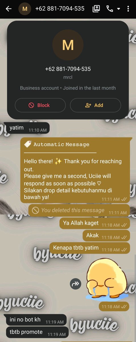 unagiiw's tweet photo. First time chat langsung di katain "yatim" sama admin gc reseller cuma karna salah paham perihal automatic message 😭 #zonauang https://t.co/hDzh2YpjZL