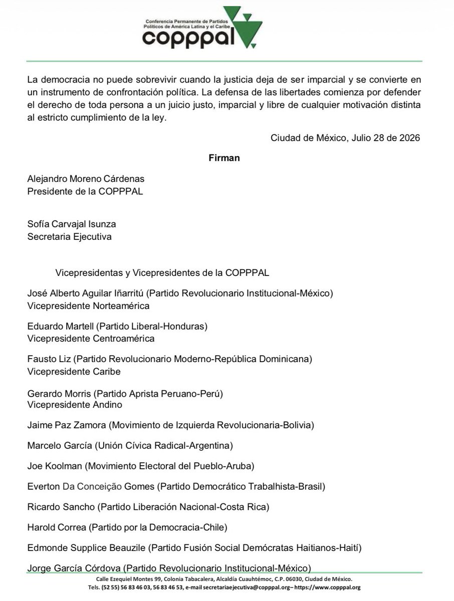 copppal_oficial's tweet photo. #Comunicado: Declaración de la @COPPPAL_OFICIAL sobre la persecución política contra el exgobernador Ernesto Ruffo Appel

@FaustoLizRD @MartellPLH @MiltonMorrison @GustavoSanchezq @OmarGarciaL_ @SebaHagobian https://t.co/0CMf0MUf4d