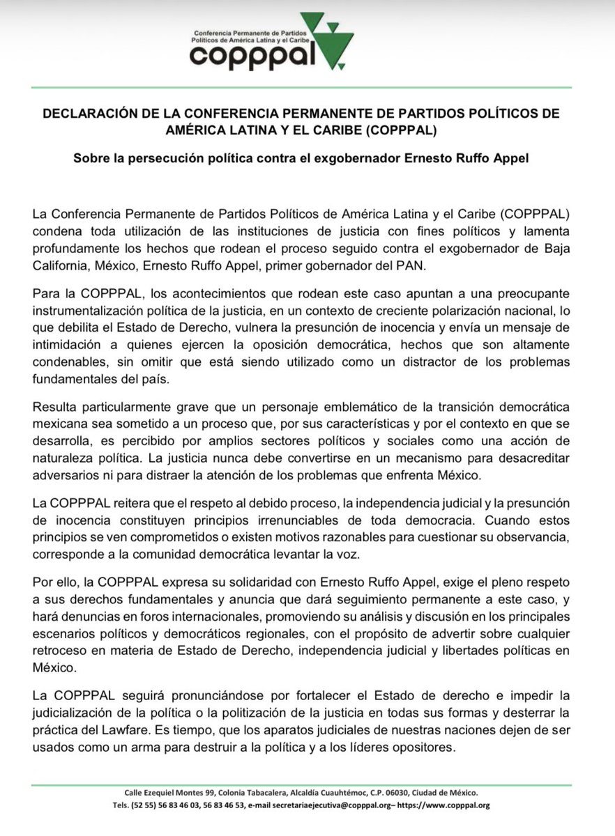 copppal_oficial's tweet photo. #Comunicado: Declaración de la @COPPPAL_OFICIAL sobre la persecución política contra el exgobernador Ernesto Ruffo Appel

@FaustoLizRD @MartellPLH @MiltonMorrison @GustavoSanchezq @OmarGarciaL_ @SebaHagobian https://t.co/0CMf0MUf4d