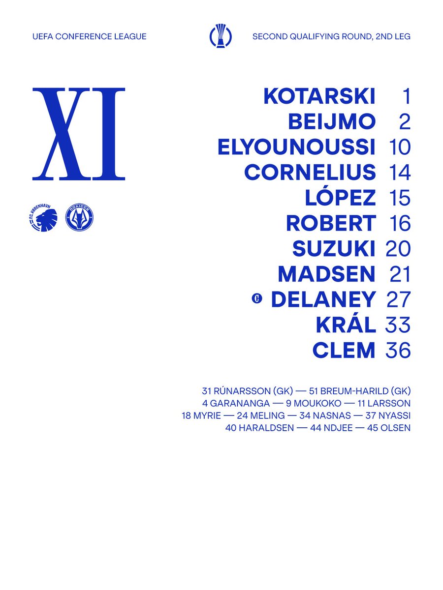 FCKobenhavn's tweet photo. Start-11 mod FC Polissya i aftenens returkamp i Conference League - se med på FCK TV med et FCK+ abonnement

#uecl #fcklive #startXI https://t.co/fLvGjIJiCG