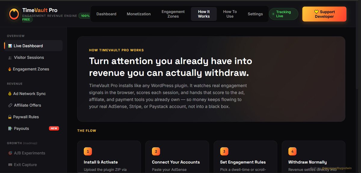 mudinoofficial's tweet photo. Just wrapped up the dashboard UI for TimeVault Pro. project in the works.

The goal here was simple: make turning attention into withdrawable revenue look and feel effortless. Clean dark mode, without the clutter.

What do you think of the flow? Let's connect in the comments! 👇 https://t.co/1igFfdAAHU