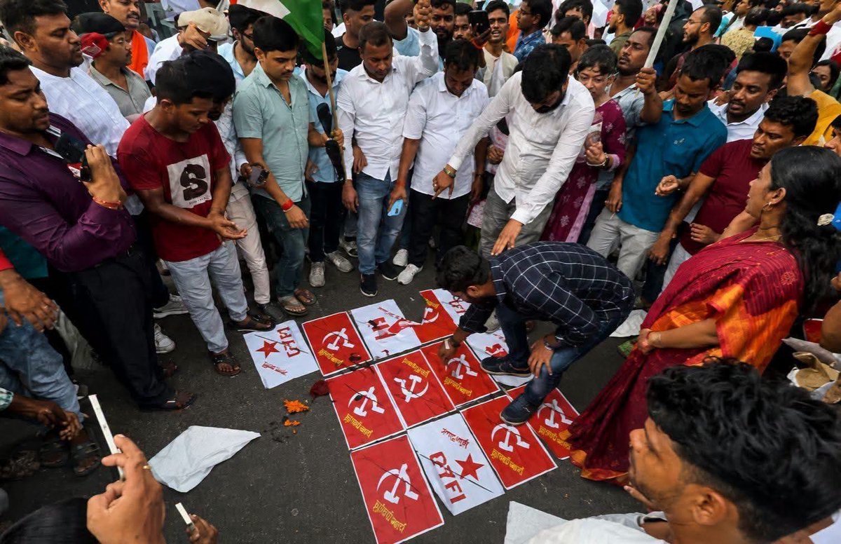 MayukhDuke's tweet photo. Bengal wrecked. Broken. Invaded. Its soul destroyed.

Fascist vandalism in BJP ruled West Bengal: Lenin toppled, red flags burned, now Sukanta Bhattacharya insulted just before his birth centenary on 15 August 2026.

#RSScalTerror https://t.co/gjnaVtFxrg