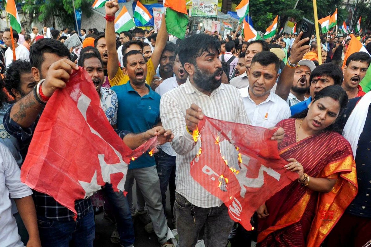 MayukhDuke's tweet photo. Bengal wrecked. Broken. Invaded. Its soul destroyed.

Fascist vandalism in BJP ruled West Bengal: Lenin toppled, red flags burned, now Sukanta Bhattacharya insulted just before his birth centenary on 15 August 2026.

#RSScalTerror https://t.co/gjnaVtFxrg