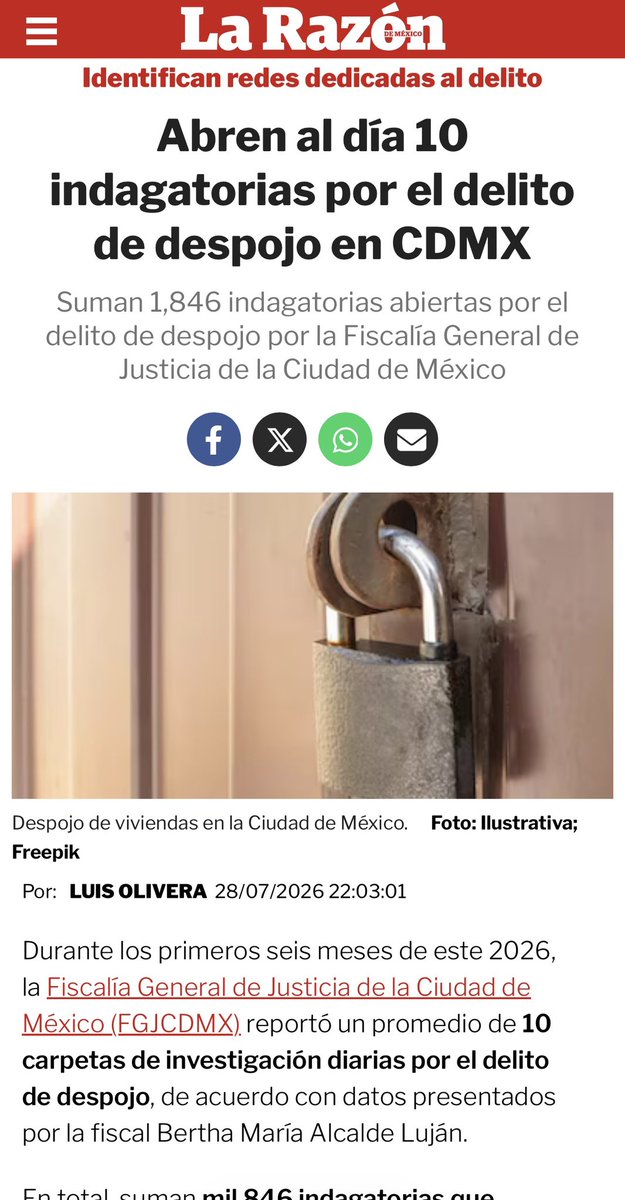 GarridoDiego_'s tweet photo. Cada día se abren 10 investigaciones por despojo en la Ciudad de México.

Detrás de cada cifra hay una familia que puede perder el patrimonio construido con años de esfuerzo.

El despojo no puede seguir siendo un delito que avance con la impunidad como aliada. Es momento de fortalecer la ley, proteger la propiedad privada y garantizar que quien invade una vivienda enfrente la justicia, no la indiferencia de las autoridades.