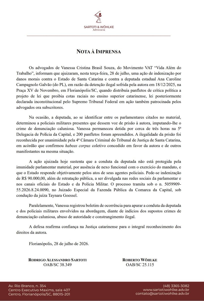 kyllBrasil's tweet photo. Tentaram me silenciar em dezembro com uma prisão ilegal e arbitrária. Não funcionou. Movi ação por danos morais contra a Deputada Ana Campagnolo (PL) e o Estado de SC.
Não abaixo a cabeça para o abuso de poder. A única coisa que quero é Justiça. ⚖️
#Justica
#CotasFicam https://t.co/JoGoE227eX
